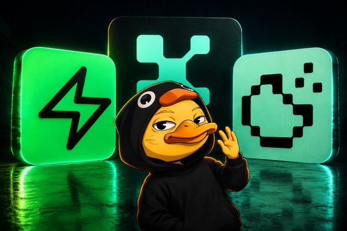 A cartoon duck character wearing a black hoodie poses in front of three glowing app icons including a lightning bolt, network symbol, and apple logo on a green-lit background.