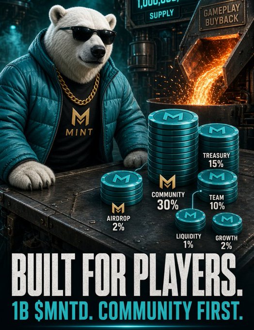 The image features an anthropomorphic polar bear wearing sunglasses, a teal puffer jacket, and a gold chain, standing in front of an industrial foundry with molten metal and sparks, surrounded by stacks of teal "$M" coins representing the $MNTD token allocation breakdown: Community 30%, Treasury 15%, Team 10%, Airdrop 2%, Liquidity 1%, and Growth 2%. Bold text reads "BUILT FOR PLAYERS. 1B $MNTD. COMMUNITY FIRST," visually reinforcing the post's emphasis on the token's community-heavy distribution and 1B total supply.