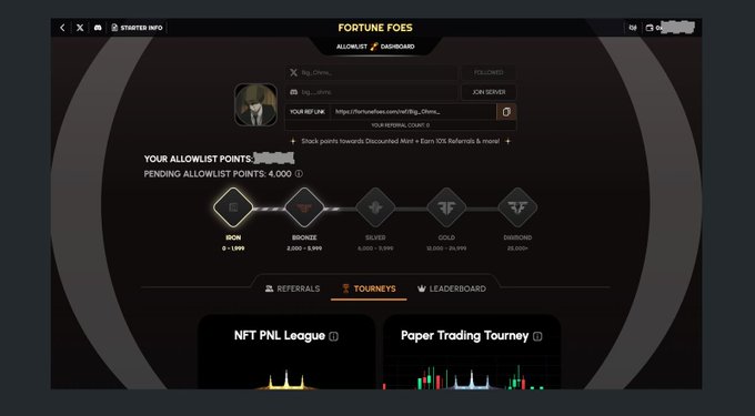 A screenshot of a website dashboard for "FORTUNE FOES" showing an "ALLOWLIST DASHBOARD" with a referral link, pending allowlist points (4,000), and tier rankings from Iron to Diamond, with sections for "NFT PNL League" and "Paper Trading Tourney" below.