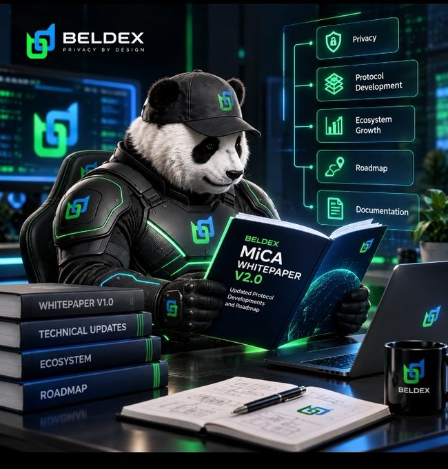 An anthropomorphic panda wearing Beldex-branded tech gear sits at a futuristic desk reading the "BELDEX MiCA WHITEPAPER V2.0: Updated Protocol Developments and Roadmap," surrounded by stacked documentation volumes labeled "WHITEPAPER V1.0," "TECHNICAL UPDATES," "ECOSYSTEM," and "ROADMAP," with a sidebar highlighting Privacy, Protocol Development, Ecosystem Growth, Roadmap, and Documentation—visually reinforcing the post's point about BeldexCoin actively evolving its documentation alongside its product and roadmap.