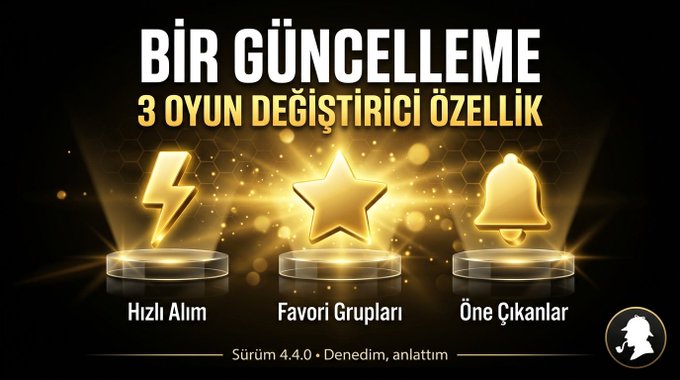 Promotional graphic announcing the Binance TR app update (Sürüm 4.4.0) with three highlighted features: "Hızlı Alım" (Quick Buy), "Favori Grupları" (Favorite Groups), and "Öne Çıkanlar" (Featured), each represented by a golden icon (lightning bolt, star, and bell) on pedestals against a dark background.