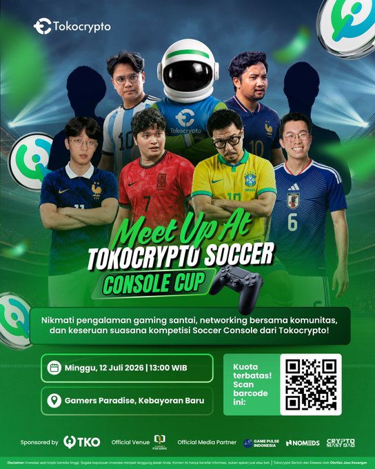 Promotional poster for "Meet Up At Tokocrypto Soccer Console Cup" on Sunday, 12 Juli 2026 at 13:00 WIB at Gamers Paradise, Kebayoran Baru, featuring soccer jerseys from Argentina, Spain, Brazil and Japan, a Tokocrypto mascot, and a QR code for registration with limited quota.