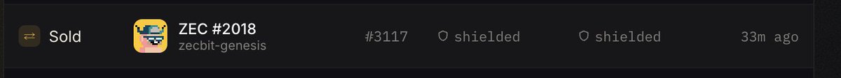 A dark interface displays 'Sold', 'ZEC #2018', 'zecbit-genesis', '#3117', 'shielded', 'shielded', and '33m ago'.