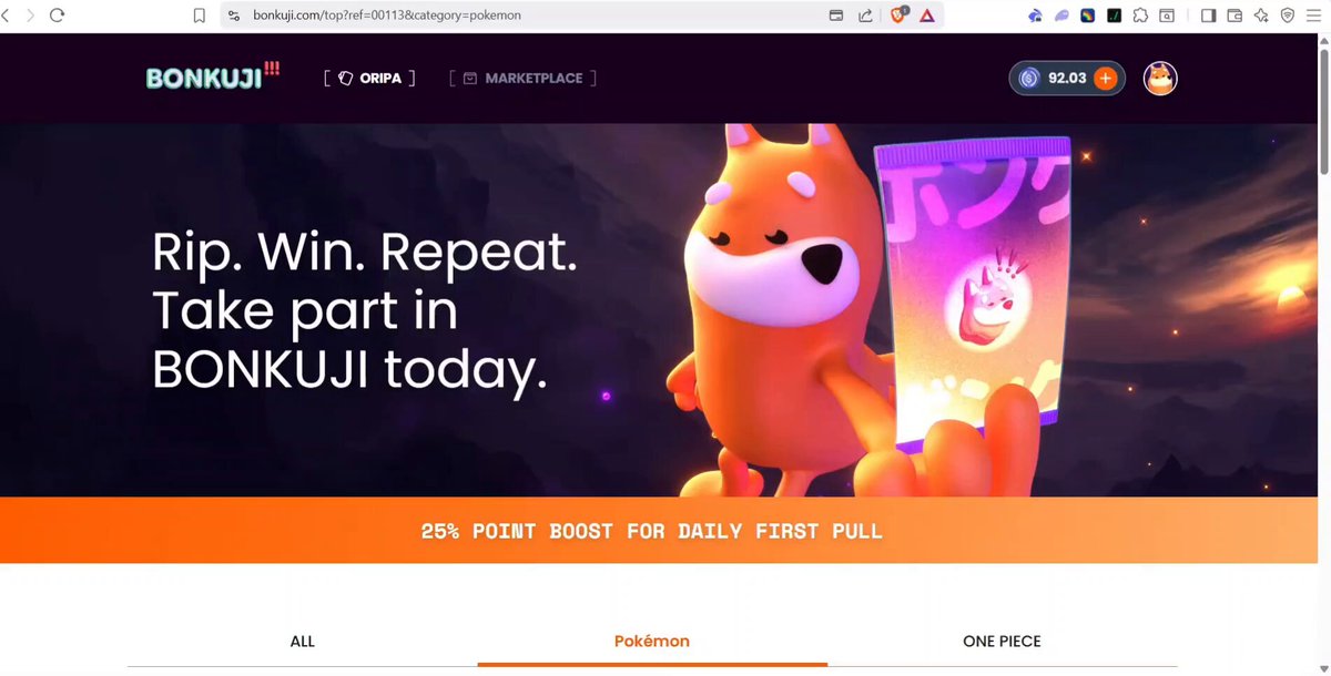 The image shows a screenshot of a website called Bonkui. The title above the screen reads "Bonkui", while a small image of an orange cat is placed below it, accompanied by text that encourages users to take part in a bonus offer involving Pokémon cards. This website also features a game and a banner ad for a product related to Pokemon.