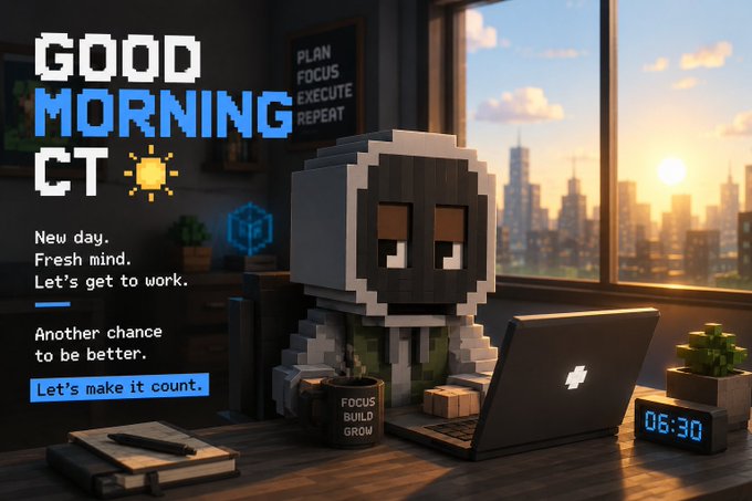 A pixel-art character sits at a desk with a laptop at sunrise, accompanied by the text 'GOOD MORNING CT' and motivational phrases like 'New day. Fresh mind. Let's get to work.' and '06:30'.