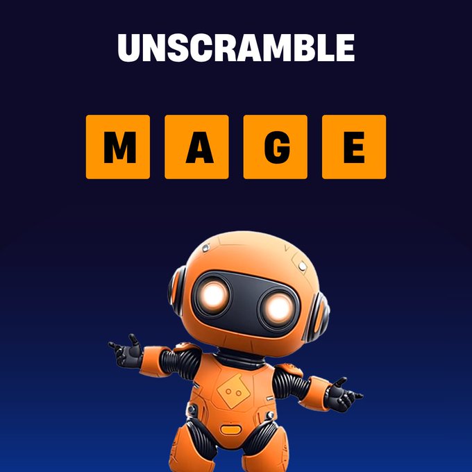 A word puzzle game screen showing 'UNSCRAMBLE' at the top with letter tiles spelling 'MAGE' above an orange cartoon robot with glowing eyes.