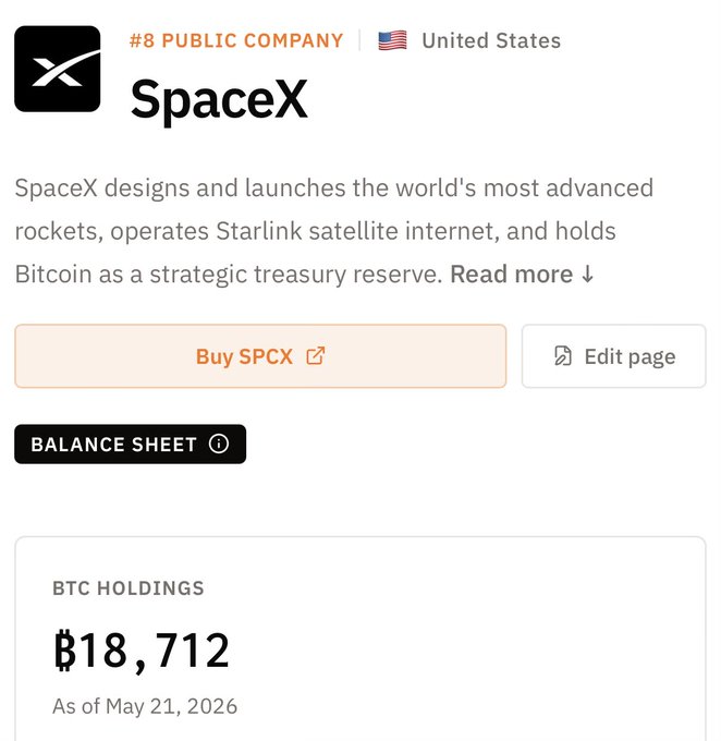 The image shows a screenshot of a website displaying information about an advertisement for "SpaceX", which is likely related to Bitcoin or another digital currency promotion. The text indicates that SpaceX has raised $18,712 over the last 6 months, with one quarter of this amount being received on May 21, 2016. In addition, it mentions that there are holdings at $1.82 B in digital currency.