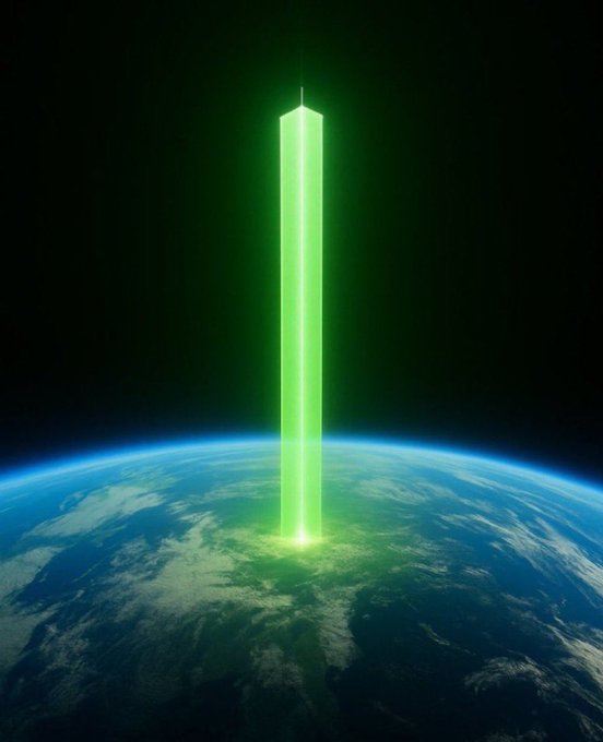 A towering green laser beam shoots from Earth's surface into space, symbolizing the "new coin launch" teased in the announcement as an explosive opportunity on the Solana blockchain. The glowing column visually represents the urgent call to load up on $SOL before 18:00 UTC, aiming for a 20M+ target.