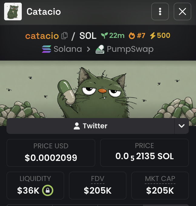 The image shows a meme coin page on PumpSwap for "Catacio" ($catacio/SOL), featuring a green grumpy cat illustration, with key stats like a price of $0.0002099, $36K liquidity (locked), $205K FDV/MKT cap, and a 22m age. The accompanying post promotes it as a potential beta play to "$pistacio" heading toward 50M, sharing the contract address and asking Solana wallets to buy in.