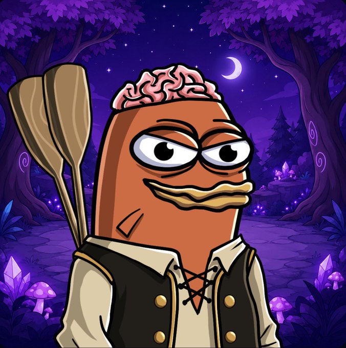 A cartoon illustration of an orange cylindrical character with an exposed brain, carrying oars on its back, dressed in a vest in a purple mystical forest setting.