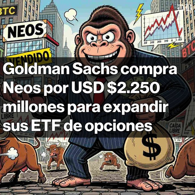 A cartoon illustration of a grinning ape in a pinstripe suit holding a bag of money, with Spanish text reading "Goldman Sachs compra Neos por USD $2.250 millones para expandir sus ETF de opciones" against a backdrop of stock charts and city buildings.