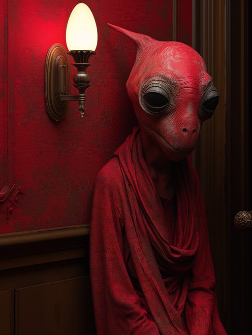 A red-skinned alien with large black eyes wearing flowing red robes, leaning against a red wall beside a glowing vintage wall sconce lamp.