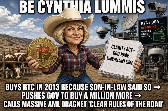 A political/crypto meme depicting a caricature of Senator Cynthia Lummis with text 'BE CYNTHIA LUMMIS', 'BUYS BTC IN 2013 BECAUSE SON-IN-LAW SAID SO', 'PUSHES GOV TO BUY A MILLION MORE', and 'CALLS MASSIVE AML DRAGNET CLEAR RULES OF THE ROAD'.