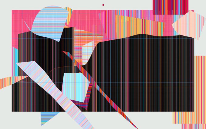 An abstract digital artwork displays overlapping geometric shapes with colorful vertical stripes in pink, blue, black, and yellow.