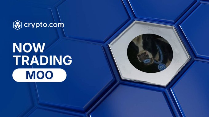 A Crypto.com promotional graphic with a blue honeycomb-patterned background announces "NOW TRADING MOO" alongside the Crypto.com logo. The featured image of a cow (the "memory cow Moo" mascot) is displayed within a white hexagonal frame, representing the new $MOO token listing.