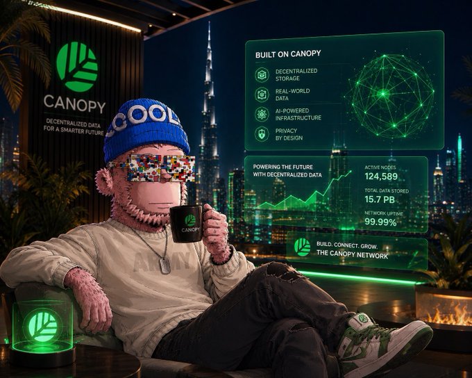 A promotional image for 'CANOPY' decentralized data platform, featuring a monkey character in pixel sunglasses drinking from a CANOPY mug, with stats showing 124,589 active nodes and 99.99% uptime.