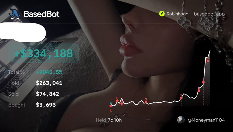 A promotional graphic for 'BasedBot' showing a stock trading performance with +$334,188 (+9045.5%) gain on Robinhood, overlaid on a dark image of a woman's face, credited to '@Moneyman1104'.