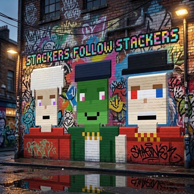A pixel-art style mural on a graffiti-covered brick wall depicts three blocky characters with the text 'STACKERS FOLLOW STACKERS' above them.