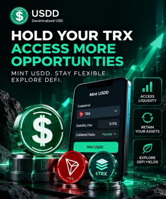 An advertisement for "USDD Decentralized USD" encourages users to "HOLD YOUR TRX ACCESS MORE OPPORTUNITIES," featuring a smartphone displaying a "Mint USDD" interface with TRX and sTRX coins.