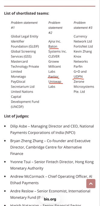 A list of shortlisted teams for three problem statements, with teams including GLEIF, Mastercard, PayGlobal, UNCDF, Apna Inc., Baton, Uniswap Labs, Currency Network Ltd, FortisNet Ltd, Kevin Zhang, and Zerone Microsystems Pte. Ltd, followed by a list of judges including Dilip Asbe (NPCI CEO), Bryan Zheng Zhang (Cambridge Centre for Alternative Finance), and Yvonne Tsui (Hong Kong Monetary Authority).