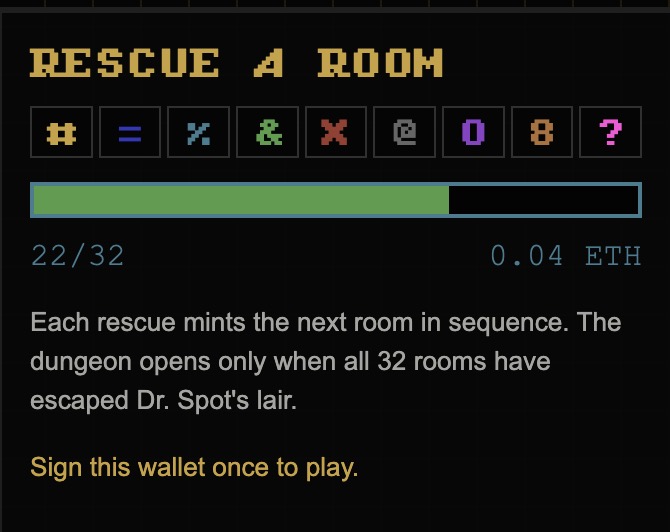 A pixel-art interface titled 'RESCUE A ROOM' showing 22/32 progress, 0.04 ETH, and the description: 'Each rescue mints the next room in sequence. The dungeon opens only when all 32 rooms have escaped Dr. Spot's lair.'