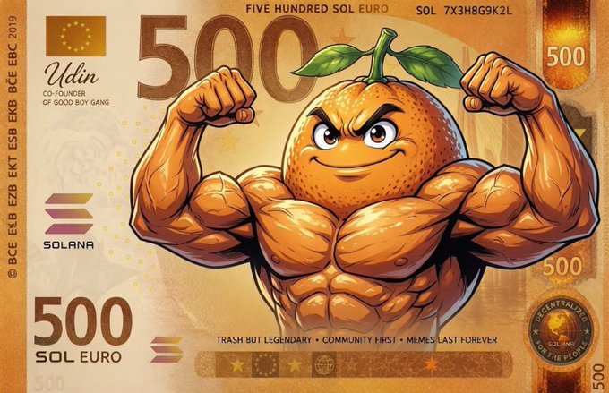 A stylized 500 SOL Euro banknote featuring a muscular cartoon orange character flexing, with text including "Udin," "CO-FOUNDER OF GOOD BOY GANG," "SOLANA," and slogans "TRASH BUT LEGENDARY • COMMUNITY FIRST • MEMES LAST FOREVER." The image humorously promotes dropping wallets for the Solana-based "Good Boy Gang" meme token, using the banknote design to suggest it's "worth" 500 SOL.