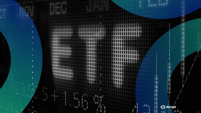 A dark, abstract graphic featuring the letters "BTC" prominently displayed in a dotted/matrix style over a black background, surrounded by teal and blue circular shapes, with stock-style percentage figures like "5.15%" visible. The "Decrypt" logo appears in the bottom right corner, and the image visually represents Bitcoin, tying into the post about someone predicting BTC would crash back to $35K.