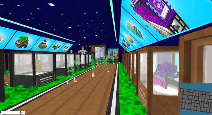 A Minecraft-style blocky virtual museum or showroom with display cases along the walls containing various items, a wooden walkway down the middle, and a starry night ceiling.