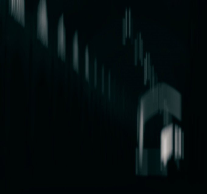 A dark, abstract image featuring glowing vertical bars of light that resemble a digital sound wave or equalizer.