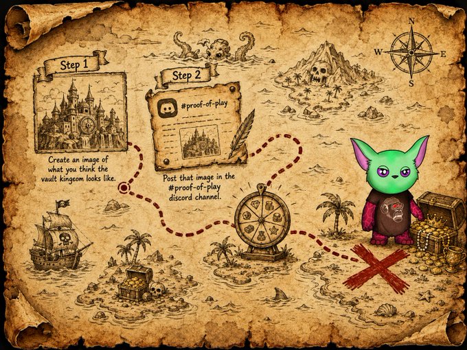 The image features a pirate map with a green alien standing at the center, surrounded by various pirate ships and treasure chests. The pirate ship labeled "MIMU Vault" has a message that reads "The MIMU Vault is getting creative and it's time for you to show off your skills! Jump in the @mimuvault discord and go to the giveaways channel and learn more".