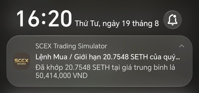 A smartphone notification at 16:20 on Tuesday, August 19, from 'SCEX Trading Simulator' states in Vietnamese that a buy order for 20.7548 SETH was matched at an average price of 50,414,000 VND.