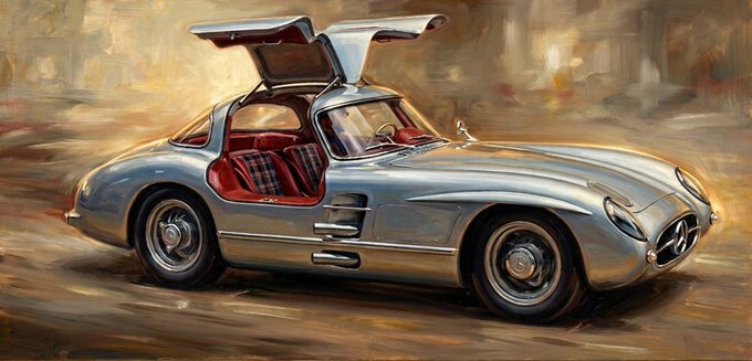 A digital artwork showcases a sleek silver classic Mercedes-Benz 300 SL Gullwing with its signature upward-opening doors raised, set against a painterly, warm-toned backdrop. The piece aligns with the post's promotion of Adrian's artwork available for purchase on OpenSea.