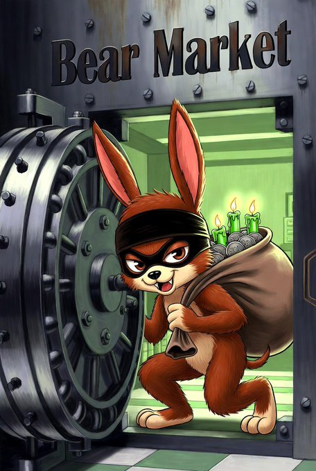 A cartoon illustration titled 'Bear Market' showing a masked rabbit sneaking out of a bank vault while carrying a sack of money and candles.