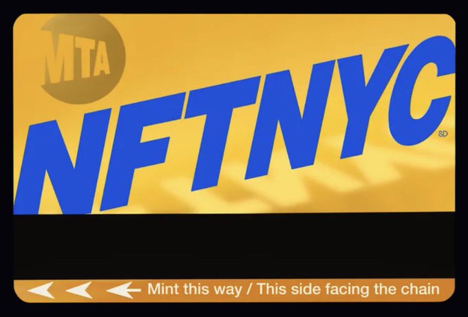 A graphic mimicking a New York City MTA transit card design, but with "NFTNYC" written in blue text across it and instructions saying "Mint this way / This side facing the chain".