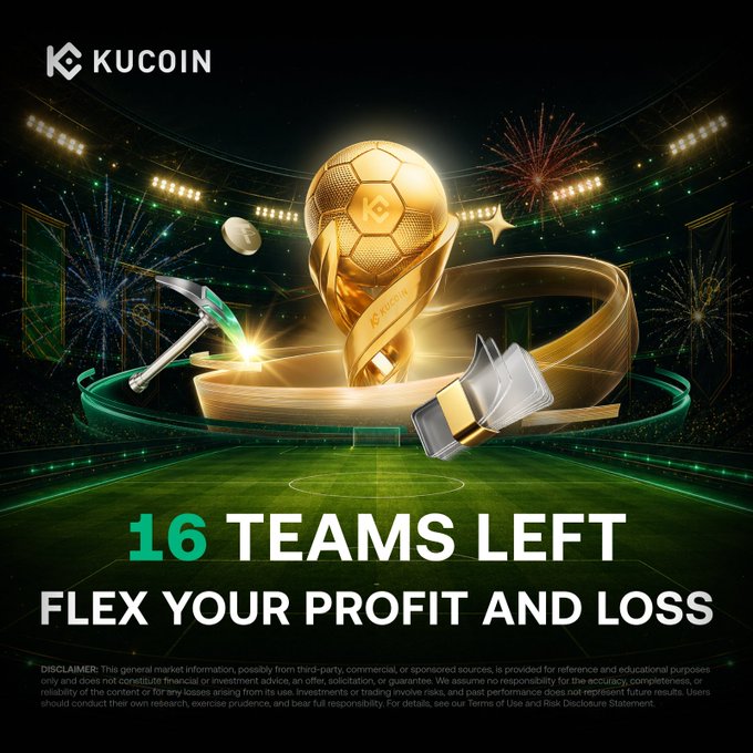 The KuCoin Crypto Cup promotional image features a golden soccer trophy in a stadium setting with fireworks, promoting "16 TEAMS LEFT" and the message "FLEX YOUR PROFIT AND LOSS," highlighting the tournament-style crypto trading competition with its prize pool referenced in the post.