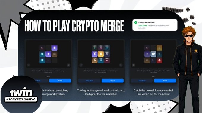 A promotional graphic titled 'HOW TO PLAY CRYPTO MERGE' from 1win casino, explaining game mechanics with a pop-up showing $6,429.88 credited to an account.