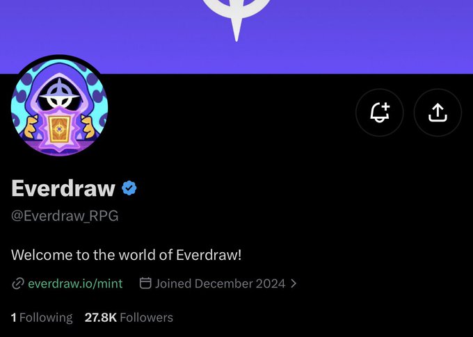 A Twitter/X profile for Everdraw (@Everdraw_RPG) displaying the verified account with 27.8K followers, joined December 2024, with bio reading 'Welcome to the world of Everdraw!'