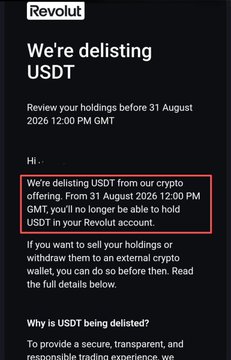 A Revolut notification announces the delisting of USDT from its crypto offering by 31 August 2026, citing regulatory and risk management reasons, aligning with the post's observation that Tether (USDT) is losing ground in Europe as major platforms like Kraken and Coinbase also restrict the stablecoin.