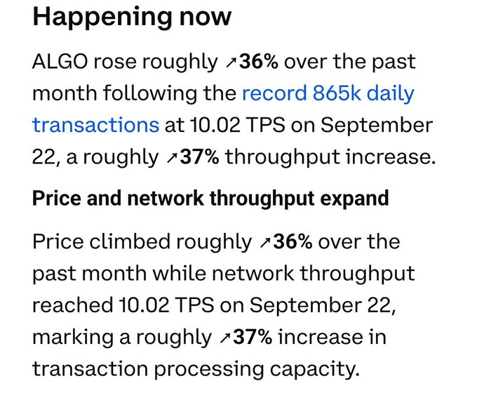 A text snippet titled "Happening now" discussing ALGO cryptocurrency, noting it rose roughly 36% following record 865k daily transactions at 10.02 TPS on September 22.
