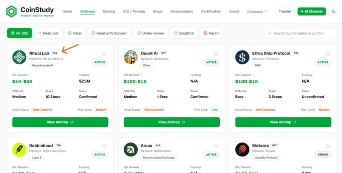 A screenshot from CoinStudy showing various crypto airdrops, with an arrow pointing to "Ritual (RIT)" — a Decentralized Ritual AI project that raised $25M, has an estimated reward of $1K-$5K, Medium difficulty, and 10 tasks. This highlights the Ritual airdrop featured in the post, where users attempted to secure the Genesis Card and Discord role.