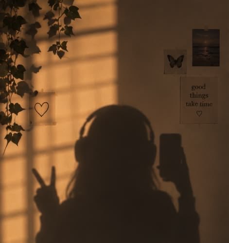 A silhouette of a person wearing headphones making a peace sign while holding a phone in a dimly lit room with warm sunlight streaming through blinds; wall decor includes a butterfly print, a heart drawing, and a 'good things take time' poster next to hanging ivy.