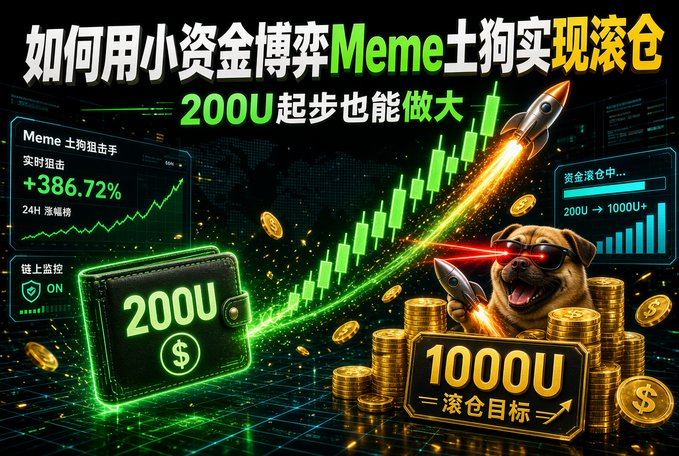 A green-themed crypto promotional graphic titled "如何用小资金博弈Meme土狗实现滚仓 200U起步也能做大" features a smiling Shiba Inu dog wearing sunglasses alongside rising candlestick charts, a glowing wallet displaying "200U," and a "1000U" target sign, visually reinforcing the post's message of growing small capital (200U to 1000U) through Meme coin trading strategies with a claimed +386.72% return.