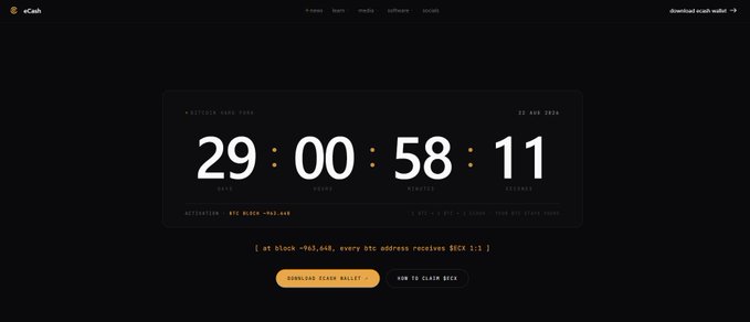 A dark-themed eCash countdown page displays '29 : 00 : 58 : 11' for the activation of 'BTC Block 983,448' in Nov 2026, with options to download the claim wallet and view block details.