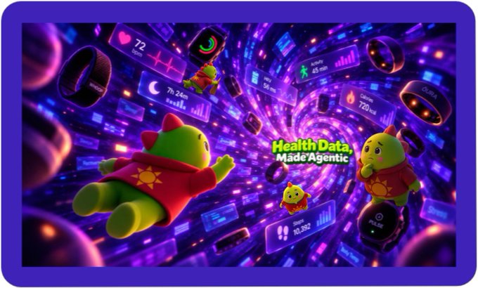 A digital advertisement with a purple background featuring cartoon characters and floating smartwatches displaying health metrics, with the text "Health Data, Made Agentic."