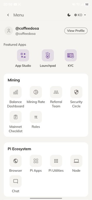 A screenshot of the Pi Network Menu/Profile page showing user @coffeedosa, featuring refreshed "Featured Apps" (App Studio, Launchpad, KYC), "Mining" section (Balance Dashboard, Mining Rate, Referral Team, Security Circle, Mainnet Checklist, Roles), and "Pi Ecosystem" section (Browser, Pi Apps, Pi Utilities, Node, Chat) — illustrating the cleaner, more modern UI redesign mentioned in the post.