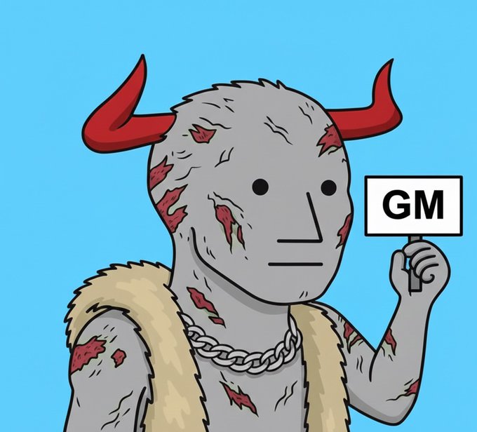 A cartoon illustration of a gray-skinned character with red horns, bloody gashes, and a gold chain holding a sign that reads 'GM'.