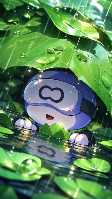 A cute blue and white character wearing goggles peering out from under large green leaves in the rain, with water droplets visible on the leaves and a watery reflection below.