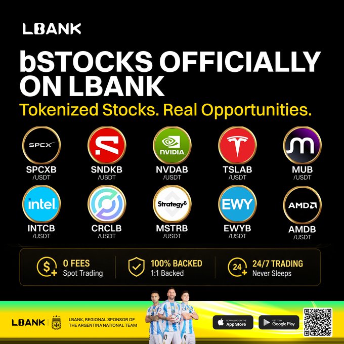 LBank promotional image announcing "bSTOCKS OFFICIALLY ON LBANK" with the tagline "Tokenized Stocks. Real Opportunities." featuring 10 tokenized stock tickers (SPCXB, SNDKB, NVDAB, TSLAB, MUB, INTCB, CRCLB, MSTRB, EWYB, AMDB) all paired with USDT, alongside key benefits of "0 FEES Spot Trading," "100% BACKED 1:1 Backed," and "24/7 TRADING Never Sleeps," with LBank shown as a regional sponsor of the Argentina National Team.