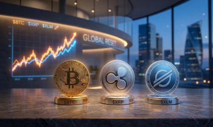 Three physical crypto coins labeled '$BTC', '$XRP', and '$XLM' are displayed on stands in front of a glowing 'GLOBAL RESET' chart showing upward trends, with a modern city skyline in the background.