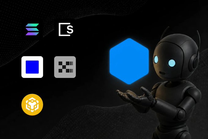 The image features a robot with its arms outstretched as if holding something blue. The background of the image is black, which contrasts with the robot's color. In the bottom right corner of the image, there are logos for XONA agent resources, including Bitcoin Core and Bitcoin Cash. These resources can be accessed across five networks: Solana, Base, Skale Network, XLayerOfficial, and BNBCHAIN. The post also mentions that these resources are new to agents and can be found on all of them.